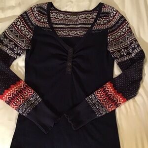We The Free Navy and Red Patterned Long Sleeve Waffle Knit Top